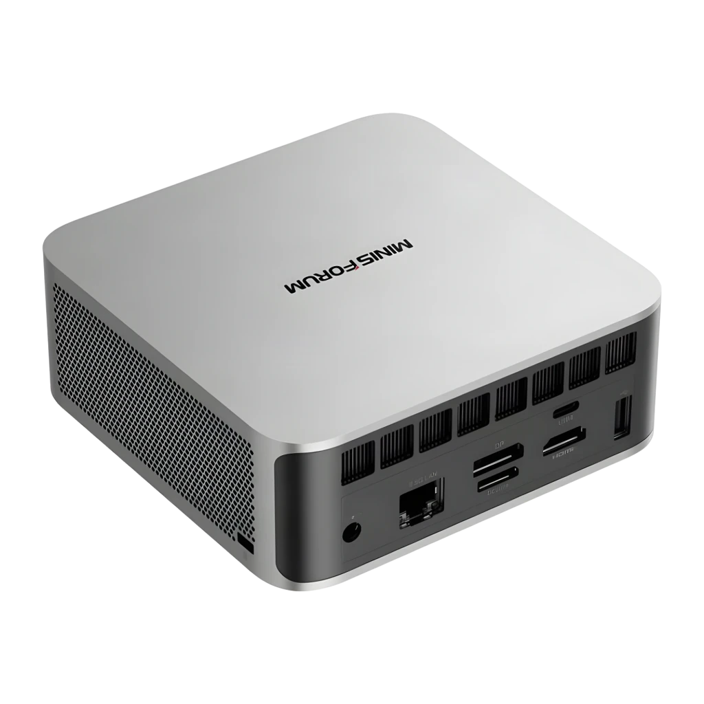 Minisforum Mini PC M1 Pro-285H 4TB, vista trasera en ángulo: puertos Ethernet, USB, HDMI y rejilla de ventilación lateral