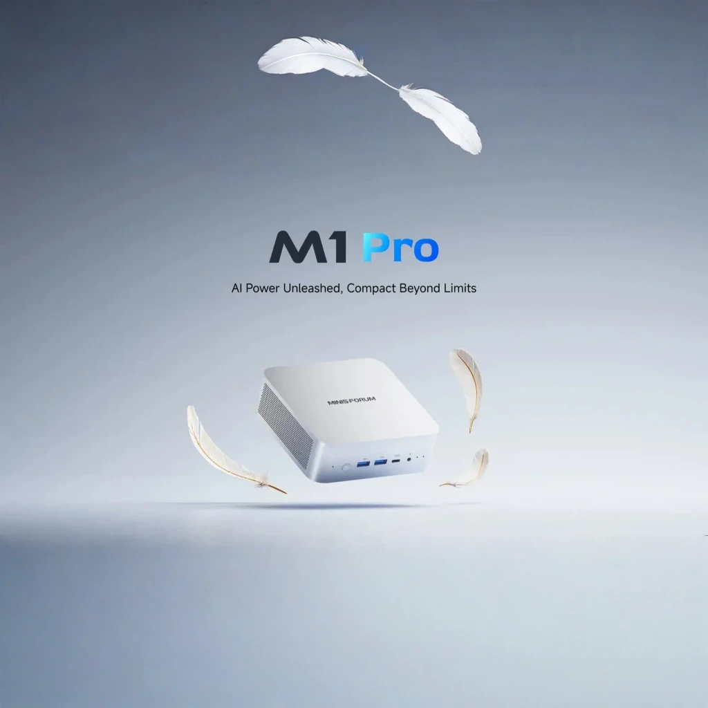 Minisforum Mini PC M1 Pro 285H 4TB Barebone, vista promocional: equipo blanco flotando con plumas y logotipo M1 Pro