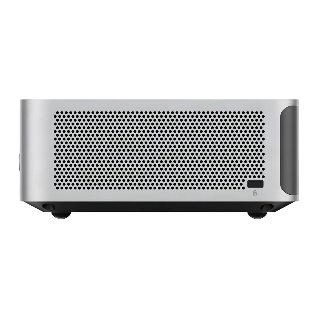 Minisforum Mini PC M1 Pro-285H 4TB Barebone, vista lateral: rejilla de ventilación perforada y ranura Kensington Lock