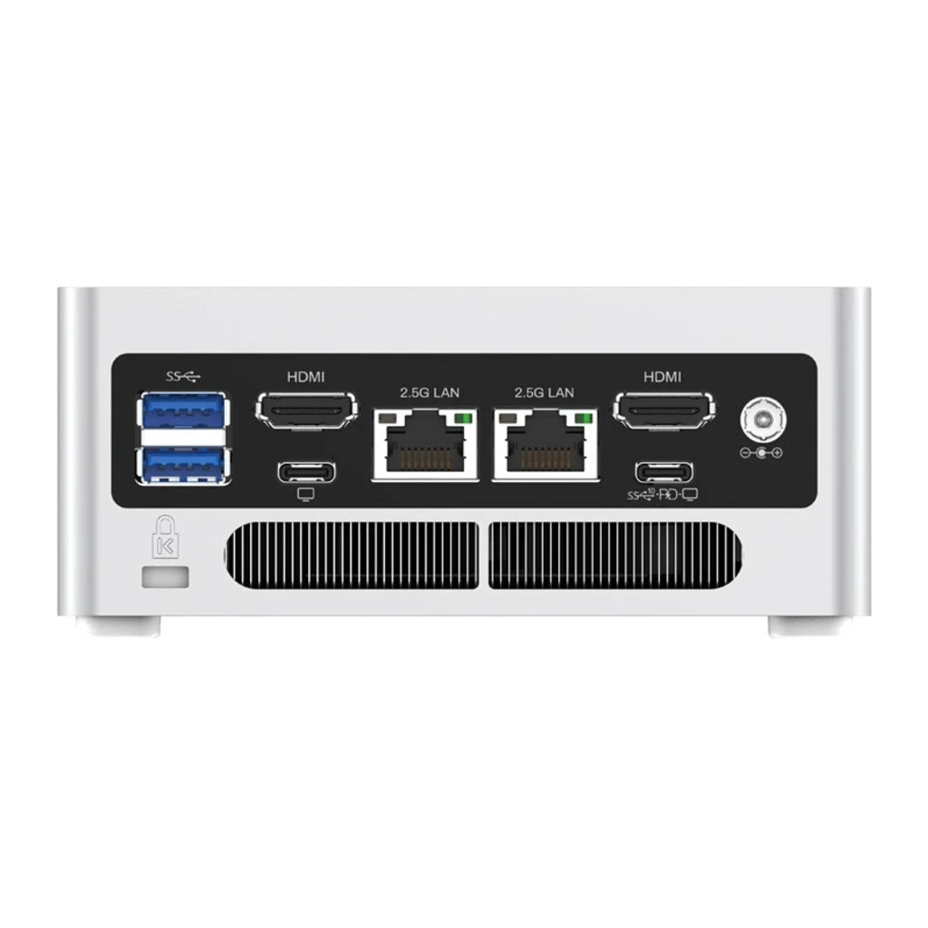 Minisforum NAB6 Lite i5-12600H 512GB plata, vista trasera: 2xHDMI, 2x2.5G LAN, 2xUSB-A, 2xUSB-C y conector DC visibles