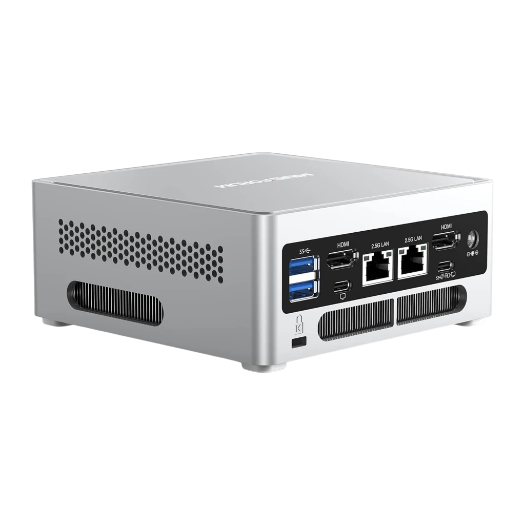 Minisforum NAB6 Lite i5-12600H 512GB plata, ángulo trasero-lateral: rejilla perforada lateral y panel trasero con puertos