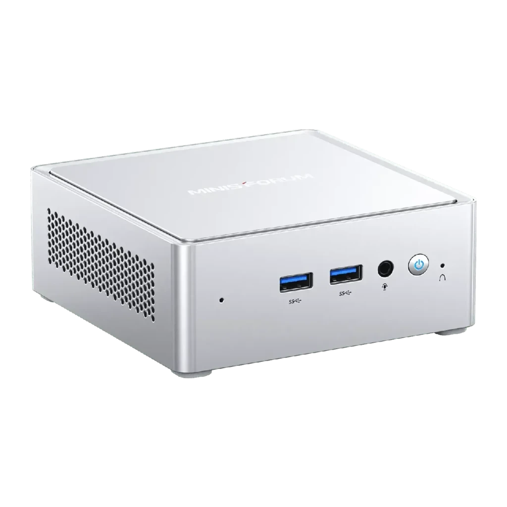 Minisforum NAB6 Lite i5-12600H 512GB plateado, vista frontal-lateral: puertos USB-A, jack audio, botón encendido y rejilla