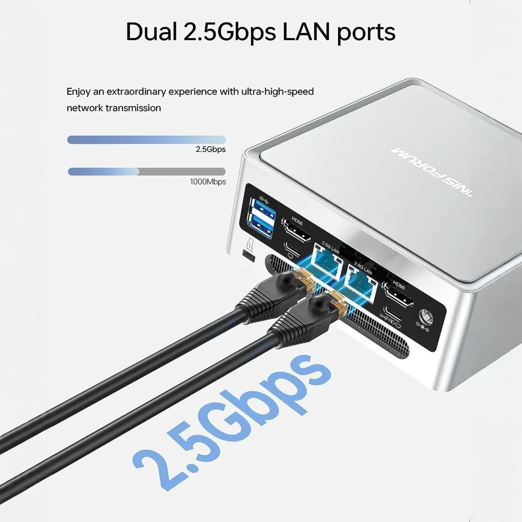 Minisforum NAB6 Lite i5-12600H 512GB, detalle lateral: dos puertos LAN 2.5Gbps con cables Ethernet conectados