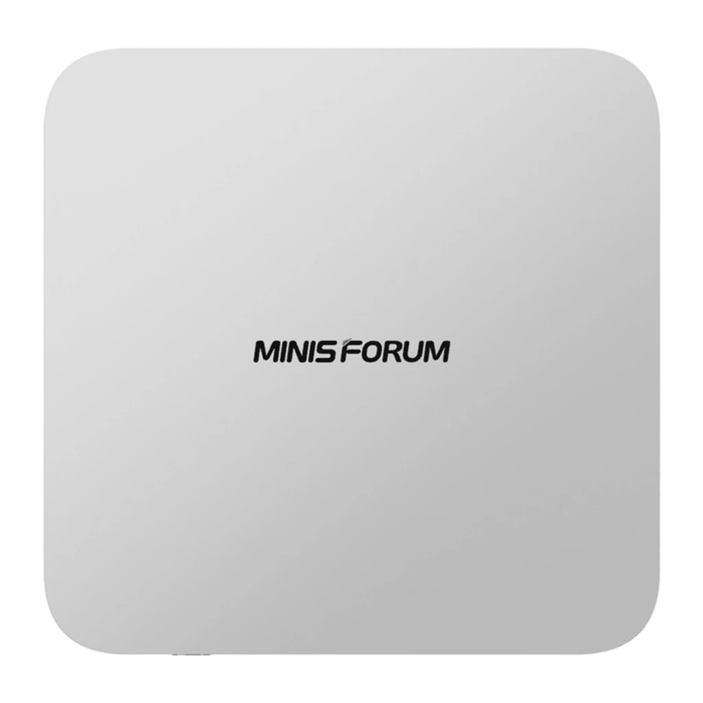 Minisforum Mini PC M1 Pro 125H Barebone 128GB plata, vista superior: tapa lisa de aluminio con logotipo MINISFORUM centrado