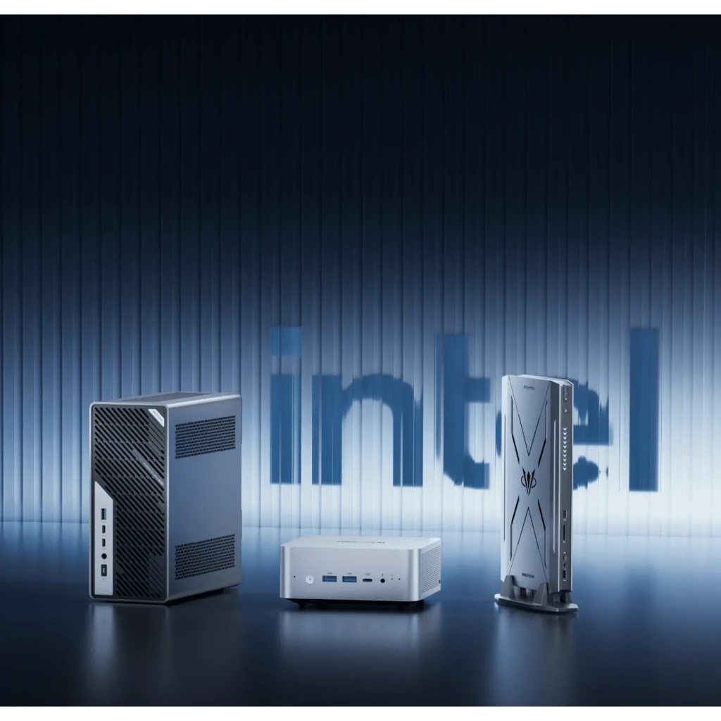 Minisforum Mini PC M1 Pro-125H Barebone 128GB, vista comparativa: tres modelos Minisforum con logo Intel al fondo
