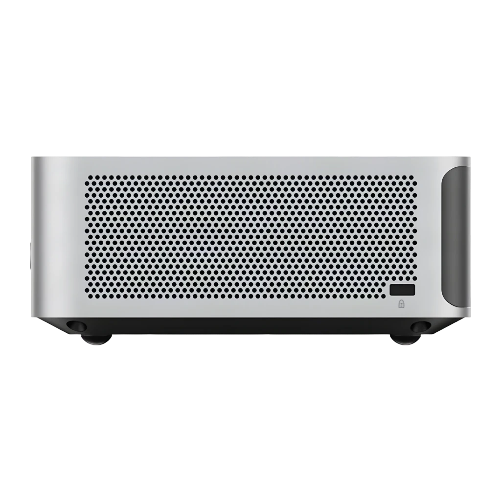 Minisforum Mini PC M1 Pro 125H Barebone 128GB plata, lateral trasero: rejilla de ventilación perforada y ranura Kensington