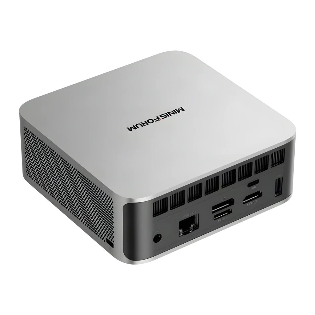 Minisforum Mini PC M1 Pro 125H Barebone 128GB plata, vista trasera-lateral: puertos USB-C, HDMI, USB-A, Ethernet y rejilla