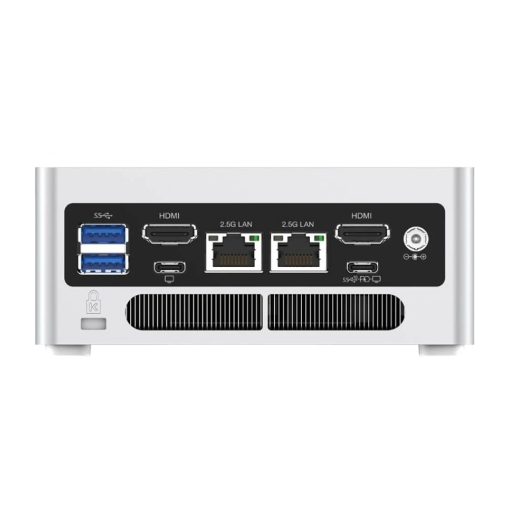Minisforum Mini PC NAB6 Lite i5-12600H Barebone plateado, vista trasera: 2x HDMI, 2x 2.5G LAN, 2x USB-C, 2x USB-A azul