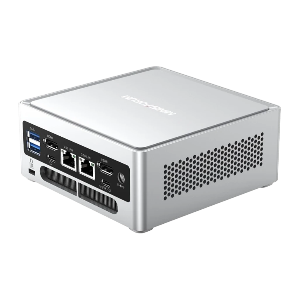 Minisforum NAB6 Lite i5-12600H Barebone plateado, vista trasera-lateral: puertos USB, HDMI, 2x2.5G LAN y rejilla ventilación