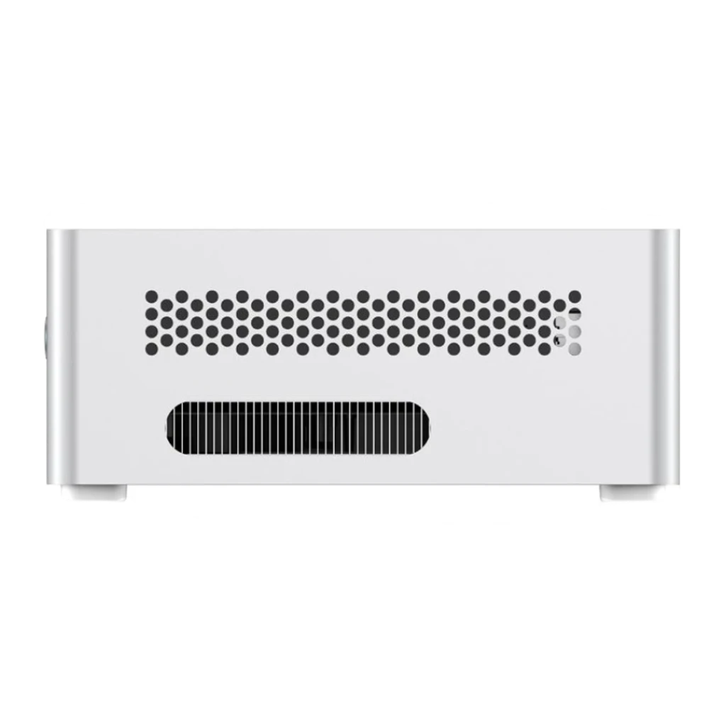 Minisforum NAB6 Lite i5-12600H Barebone blanco, vista trasera: rejilla de ventilación perforada y ranura de disipación