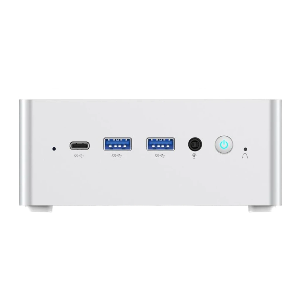 Minisforum NAB6 Lite i5-12600H Barebone blanco, panel frontal: USB-C, dos USB-A 3.0, jack audio, botón de encendido