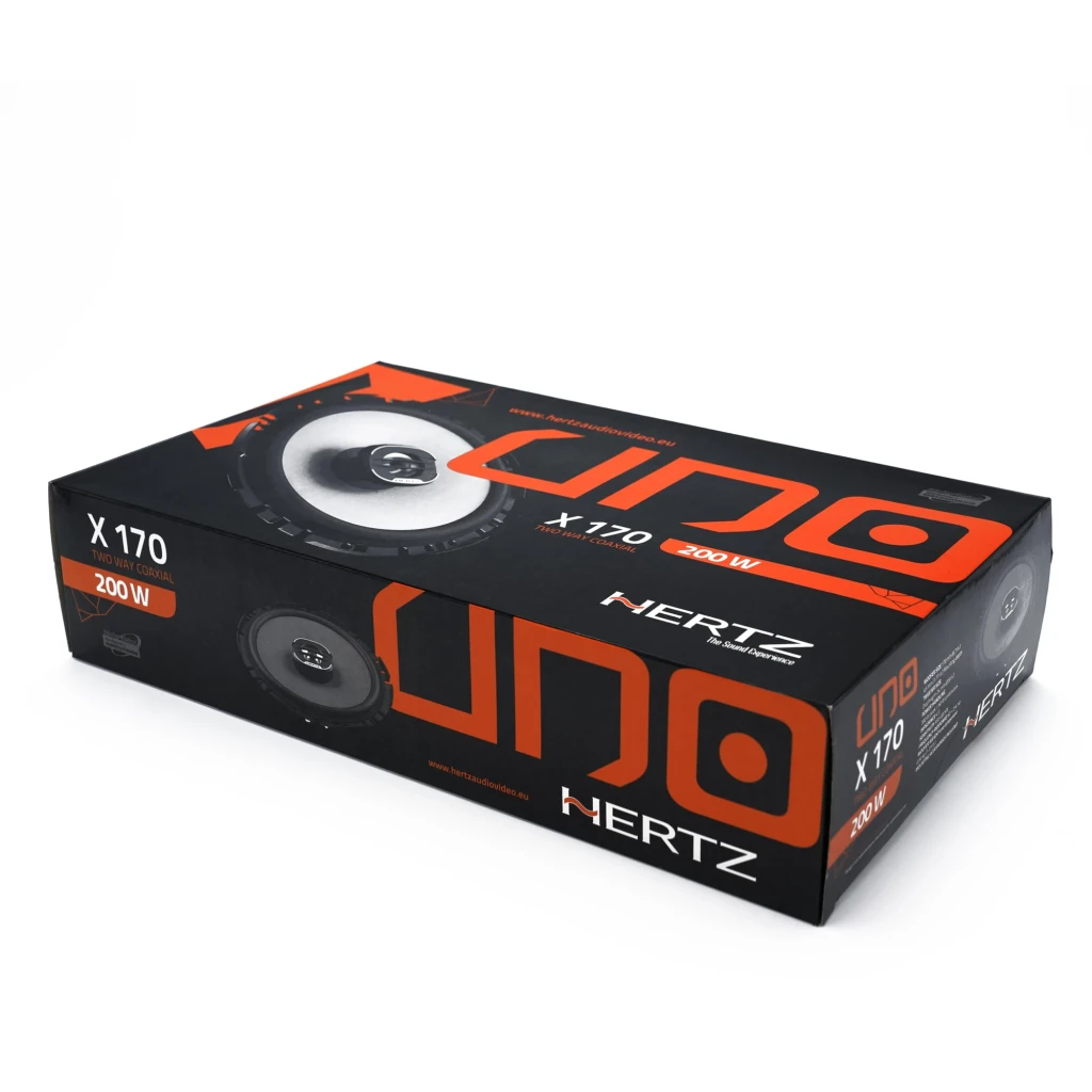 Altavoces para coche Hertz X 170 2 vías 200W (50W RMS) Negro, contenido de la caja: caja negra y naranja con dos altavoces