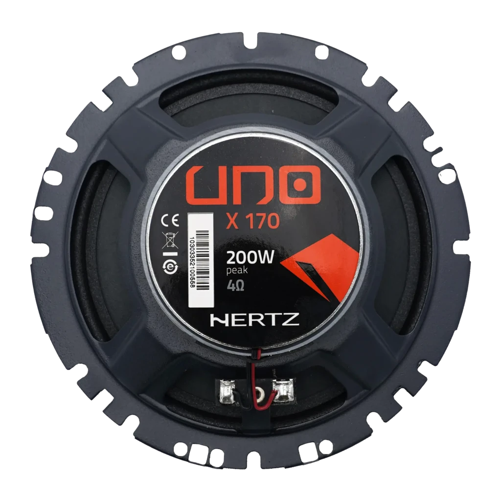 Altavoces para coche Hertz X 170 2 vías 200W (50W RMS) Negro, vista trasera: chasis gris con etiqueta UNO X 170 200W 4Ω