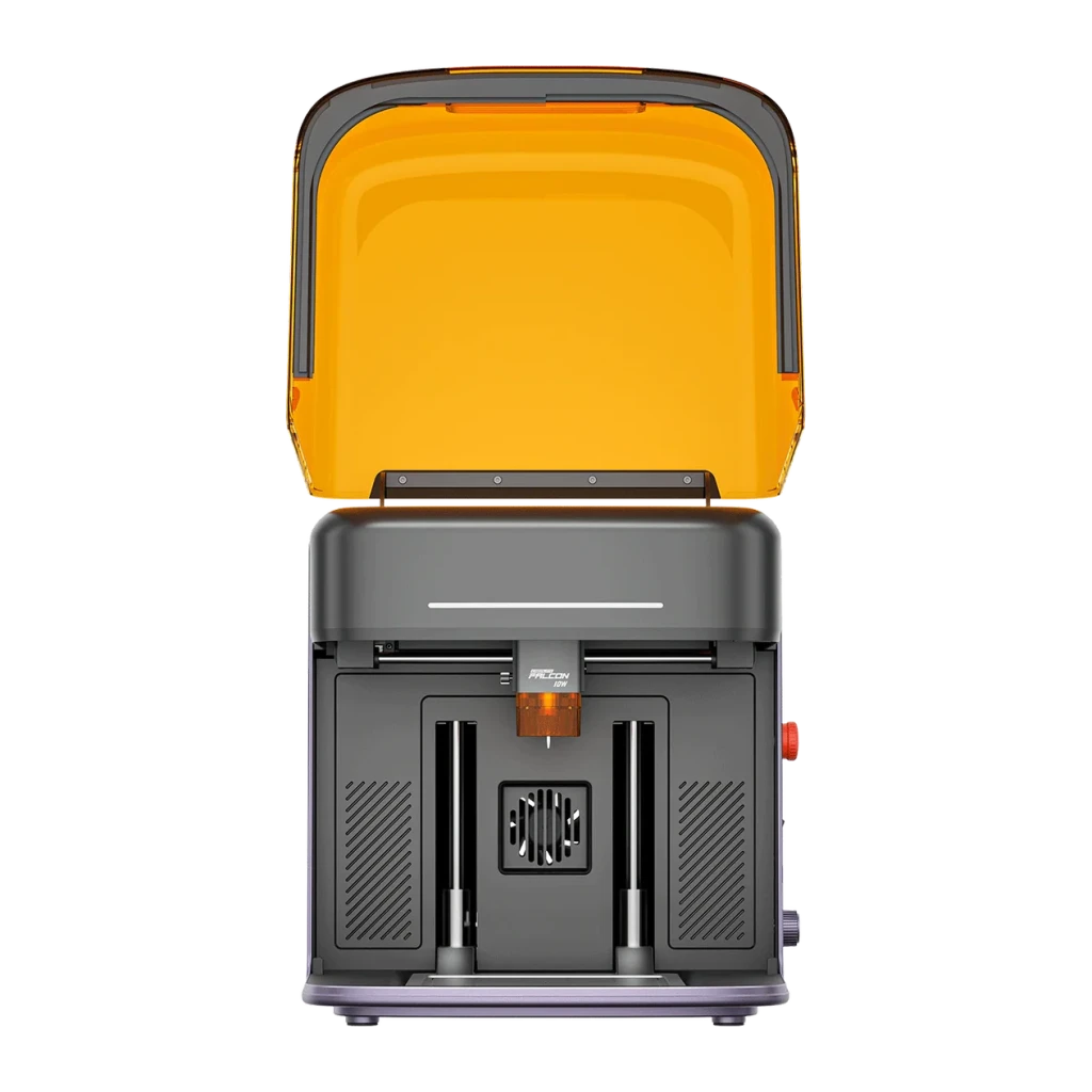 Graveur Laser Creality Falcon A1C Gris 5W, vue de face: couvercle orange ouvert et tête laser centrale visible
