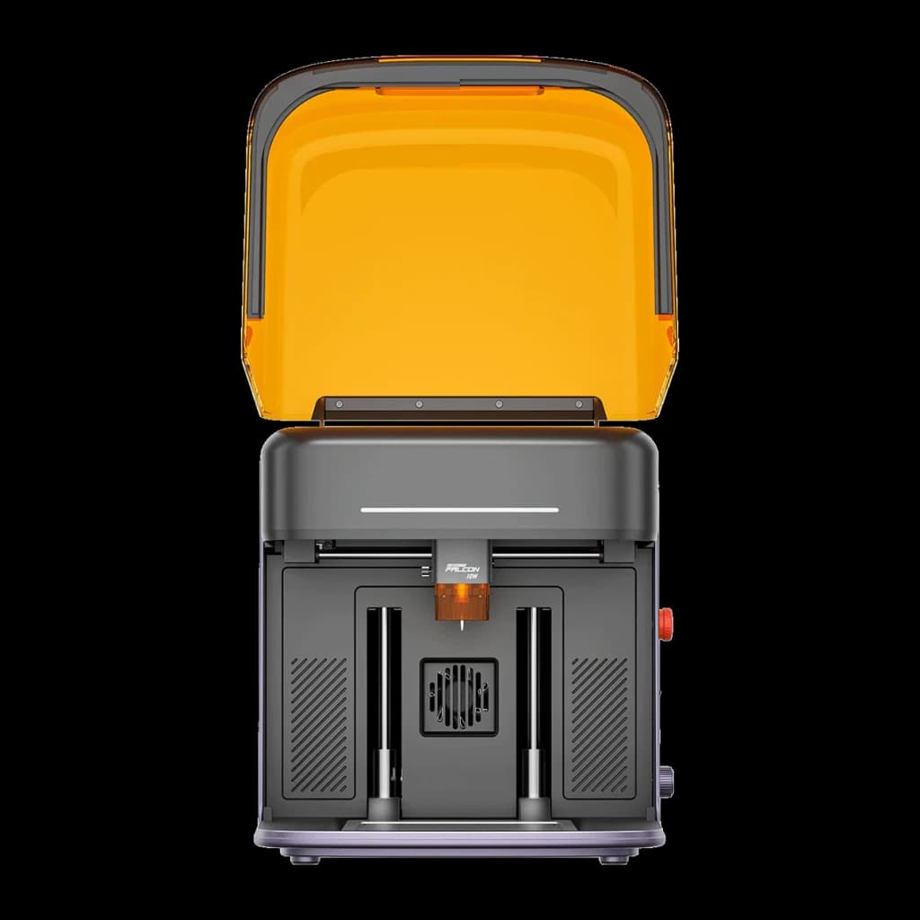 Graveur Laser Creality Falcon A1C Gris 5W, vue de face: couvercle orange ouvert et tête laser centrale visible