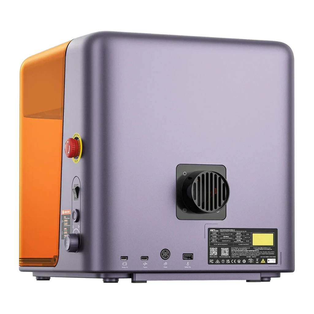 Graveur Laser Creality Falcon A1C Gris 5W, vue arrière: ventilateur, bouton d'urgence rouge et ports USB