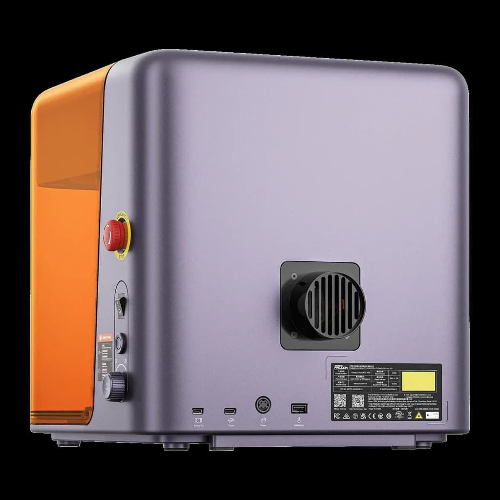 Graveur Laser Creality Falcon A1C Gris 5W, vue arrière: ventilateur, bouton d'urgence rouge et ports USB