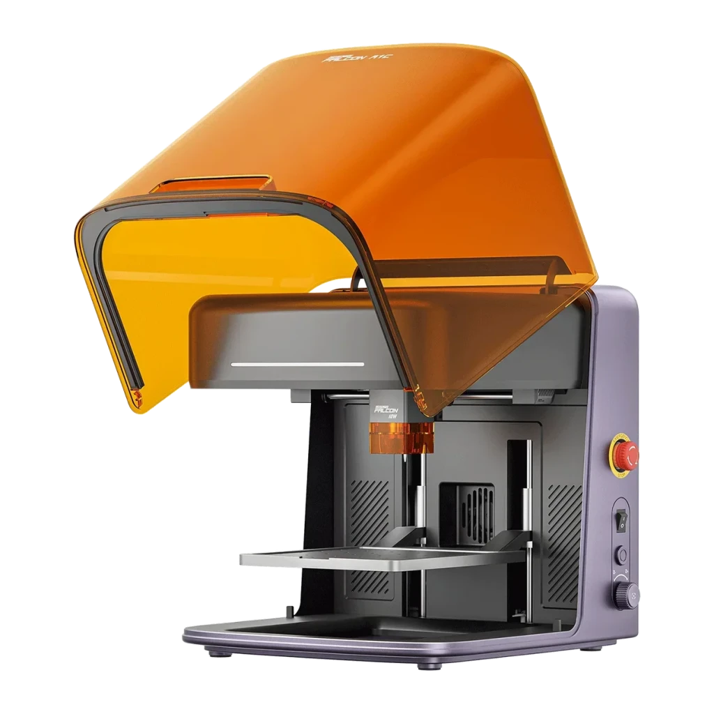 Graveur Laser Creality Falcon A1C Gris 5W, vue latérale: capot orange translucide ouvert, tête laser et plateau de travail
