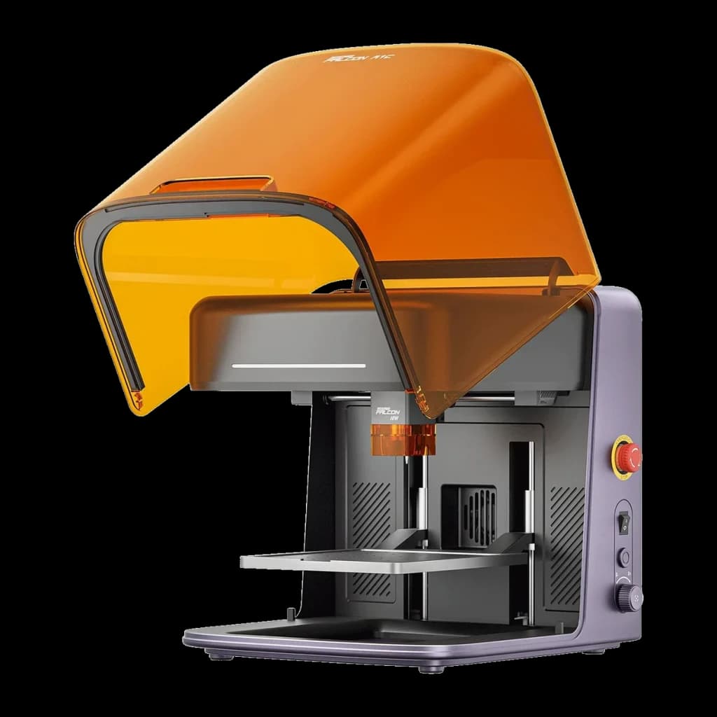 Graveur Laser Creality Falcon A1C Gris 5W, vue latérale: capot orange translucide ouvert, tête laser et plateau de travail