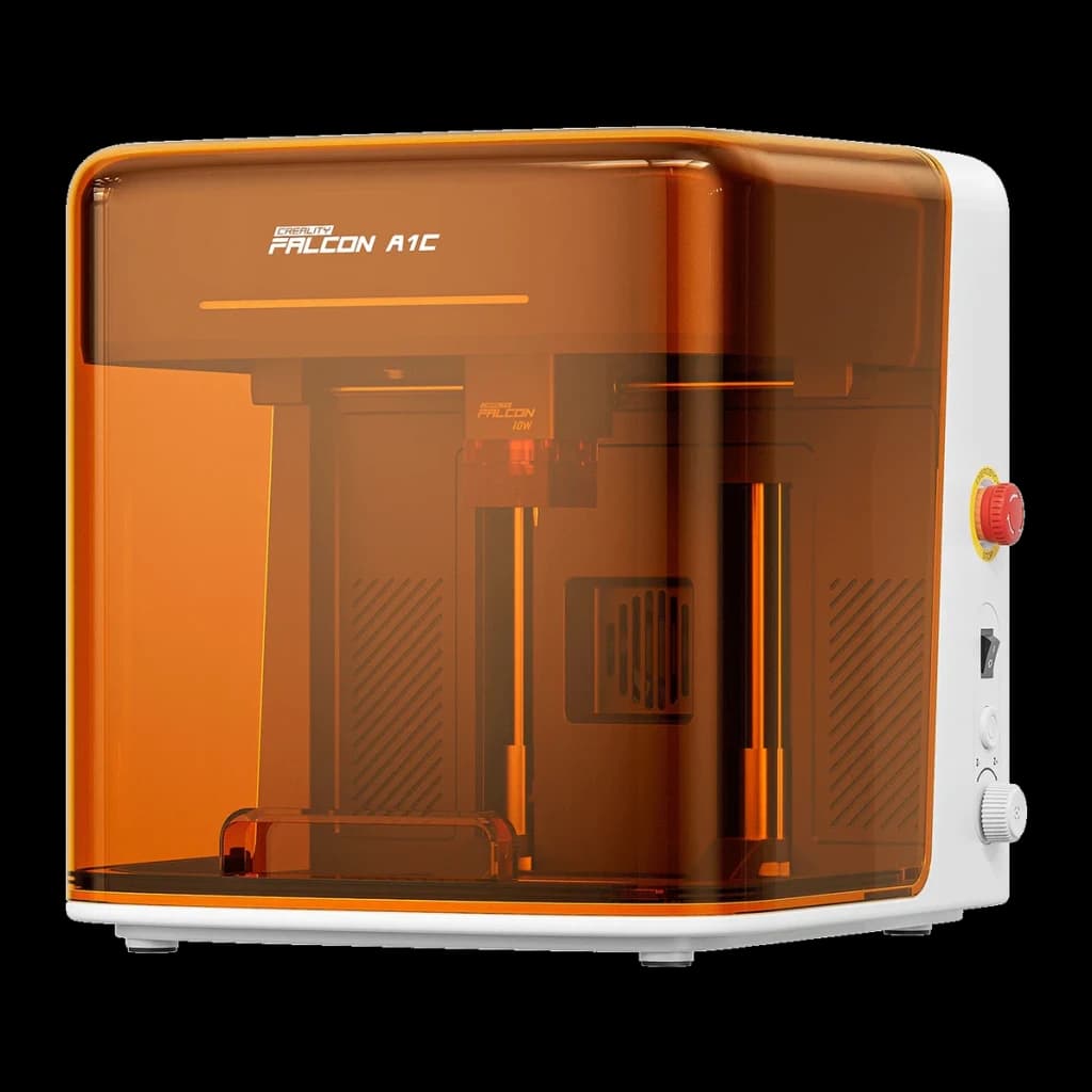 Graveur Laser Creality Falcon A1C Blanc 10W, vue 3/4 avant: capot orange translucide, corps blanc, bouton rouge et commandes
