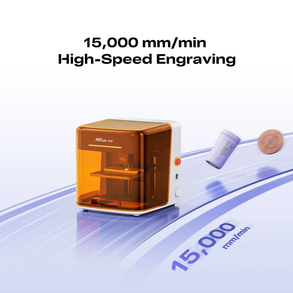 Graveur Laser Creality Falcon A1C Blanc 10W, vitesse: boîtier orange translucide, 15000 mm/min avec gobelet et pièce gravés