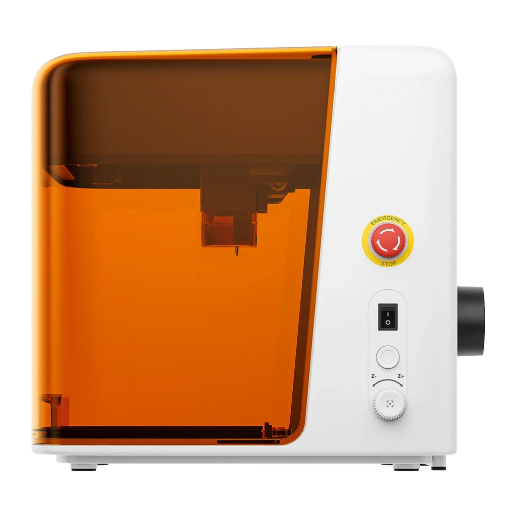 Graveur Laser Creality Falcon A1C Blanc 10W, côté droit: bouton d'arrêt d'urgence rouge, interrupteur et molette Z