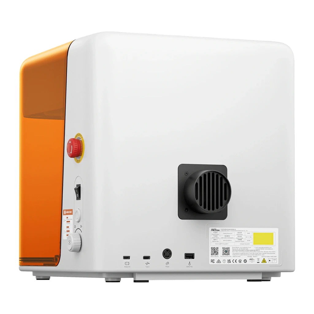 Graveur Laser Creality Falcon A1C Blanc 10W, vue arrière: ventilateur, bouton d'urgence rouge, ports USB et connecteurs