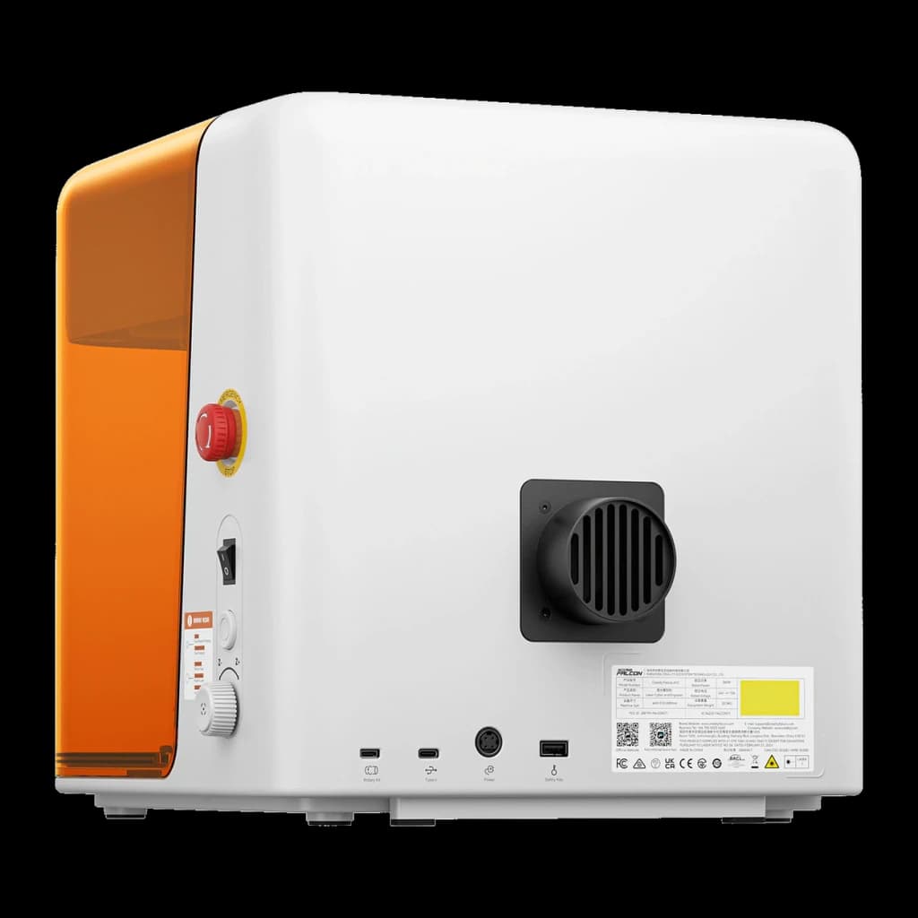 Graveur Laser Creality Falcon A1C Blanc 10W, vue arrière: ventilateur, bouton d'urgence rouge, ports USB et connecteurs