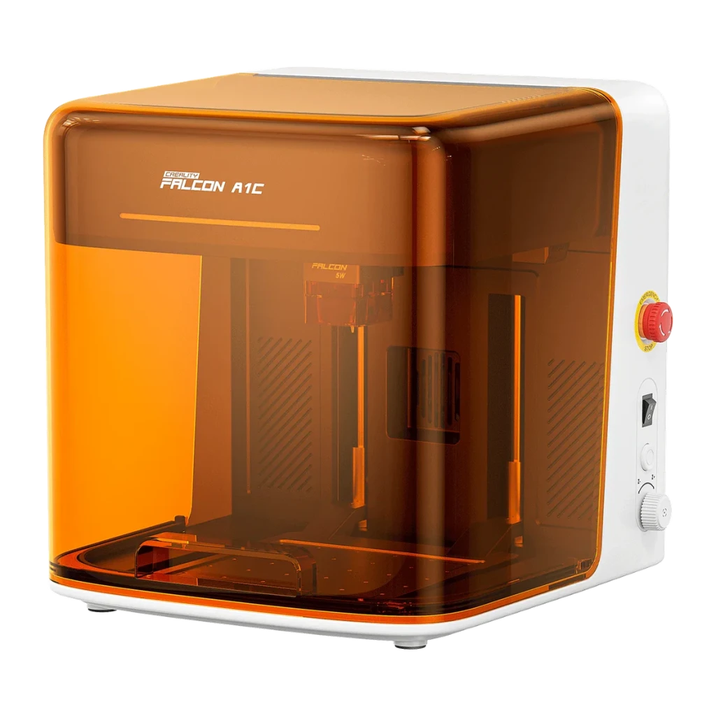 Graveur Laser Creality Falcon A1C Blanc 10W, vue latérale droite: capot orange translucide, tête laser intérieure et bouton