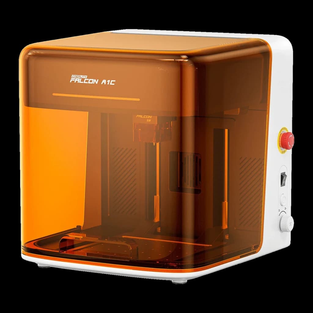 Graveur Laser Creality Falcon A1C Blanc 10W, vue latérale droite: capot orange translucide, tête laser intérieure et bouton