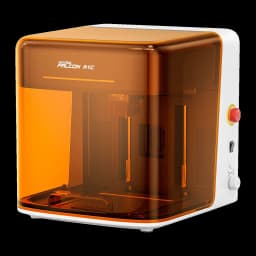 Graveur Laser Creality Falcon A1C Blanc 10W, vue latérale droite: capot orange translucide, tête laser intérieure et bouton