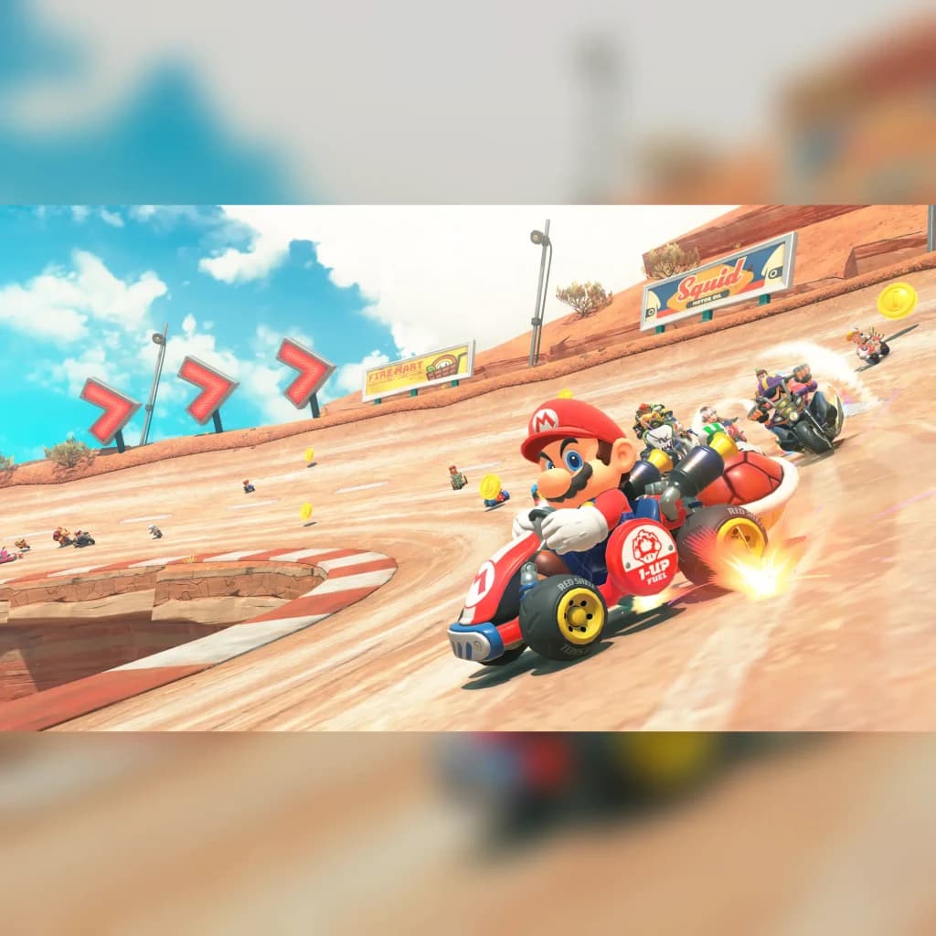 Jeu vidéo Nintendo Mario Kart World Switch 2 Standard Édition Allemande, en jeu: Mario en kart mène une course sur circuit