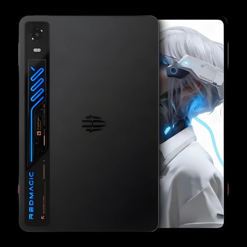 Tableta Nubia Redmagic Astra 2 negra con módulo trasero gamer LED azul, cámara única, logo central; frontal con pantalla OLED mostrando arte sci‑fi