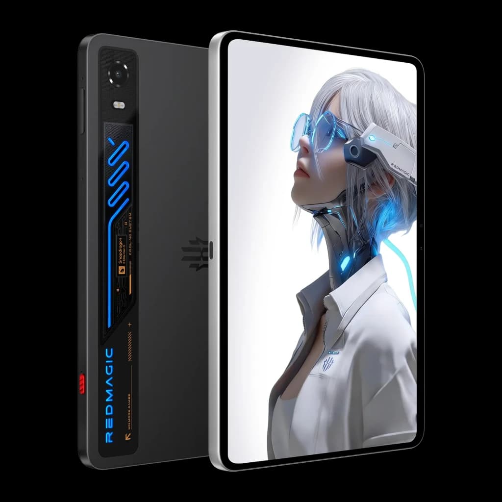Nubia Redmagic Astra 2 tablet gris con pantalla OLED 9,06 pulgadas sin marcos visibles, cámara trasera única, detalles LED azules y diseño gaming futurista