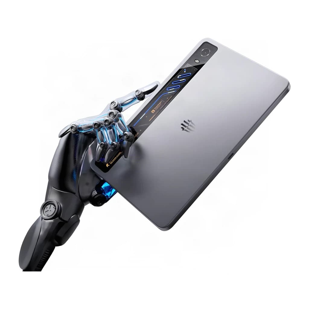 Tableta Nubia Redmagic Astra 2 gris con módulo de cámara rectangular, tira LED azul y logo central; sujeta por mano robótica metálica futurista