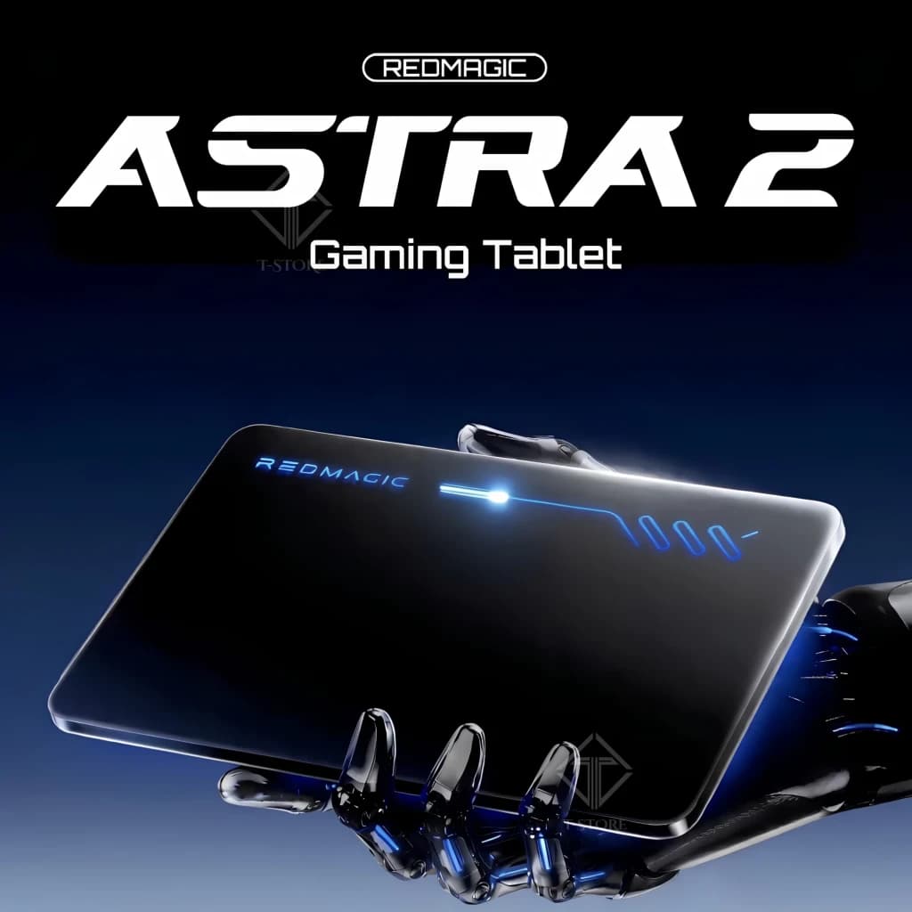 Tablet gaming Nubia Redmagic Astra 2 negra con logo luminoso azul, bordes pulidos y diseño futurista; carcasa lisa reflectante sostenida por mano robótica