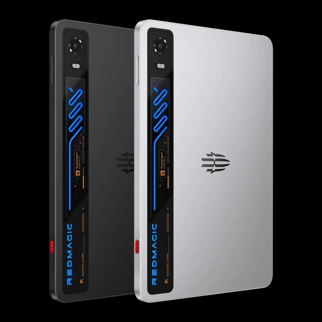 Tablet Nubia Redmagic Astra 2 en gris y negro, módulo trasero vertical con acentos azules LED, cámara única, logo central, bordes rectos y acabado mate