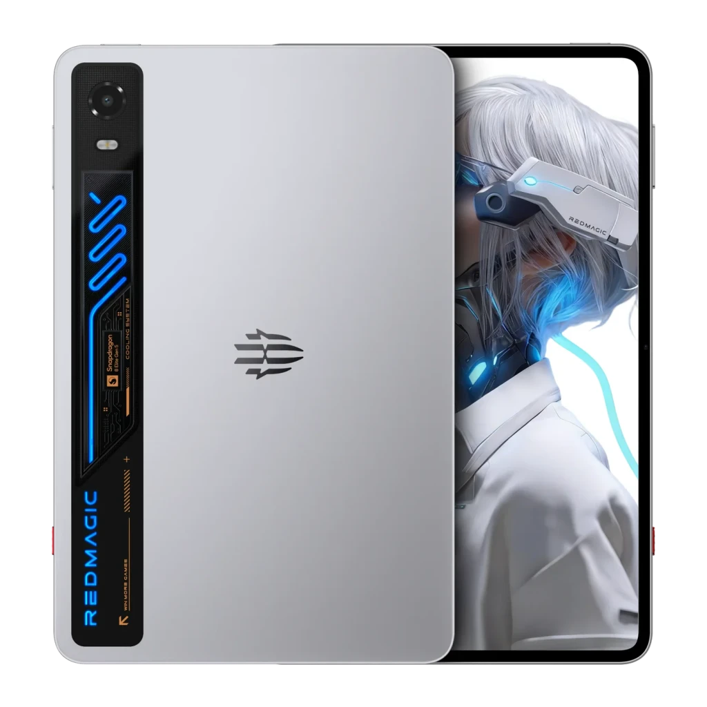 Tablette Nubia Redmagic Astra 2 argent, dos métallique avec module caméra vertical noir et accents bleus futuristes, écran OLED 9,06 pouces bord à bord