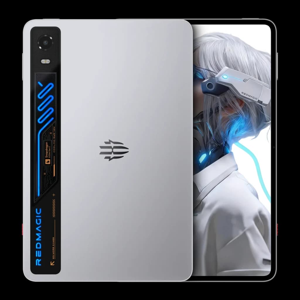 Tablette Nubia Redmagic Astra 2 argent, dos métallique avec module caméra vertical noir et accents bleus futuristes, écran OLED 9,06 pouces bord à bord