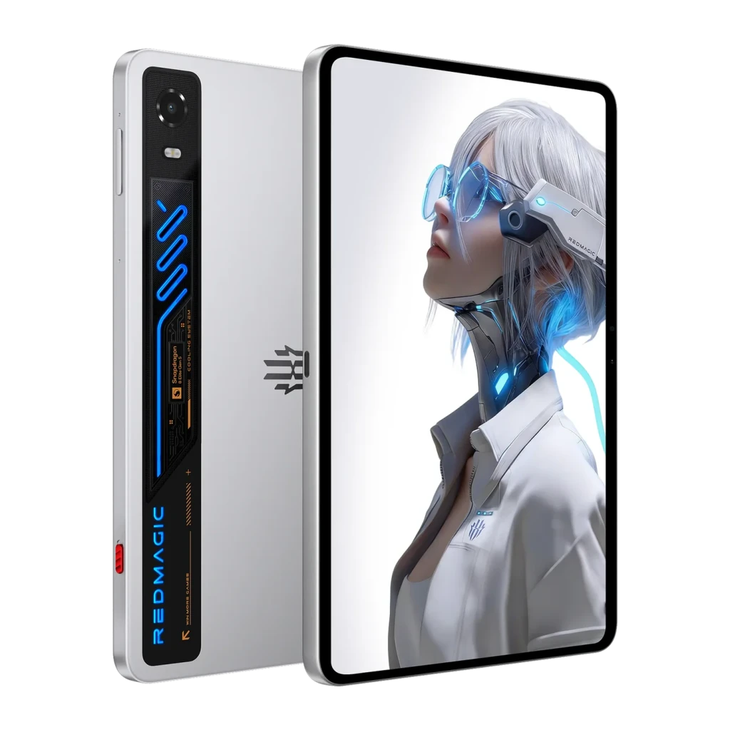 Nubia Redmagic Astra 2 blanc Starfrost, dos futuriste avec accents LED bleus, module caméra noir; écran OLED 9,06 pouces affichant avatar cyberpunk