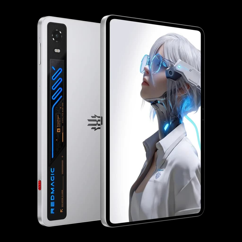 Nubia Redmagic Astra 2 blanc Starfrost, dos futuriste avec accents LED bleus, module caméra noir; écran OLED 9,06 pouces affichant avatar cyberpunk