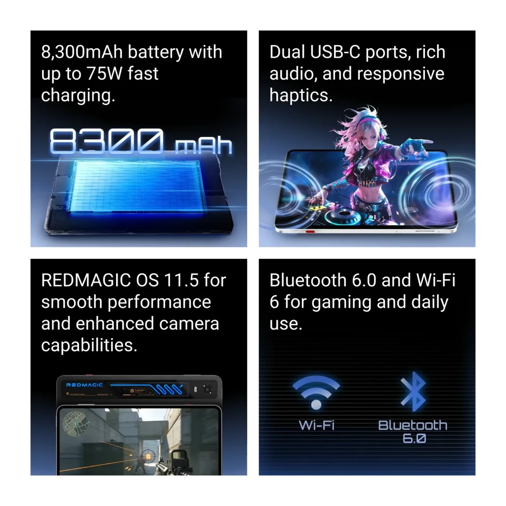 Smartphone gaming Nubia Redmagic Astra 2 Starfrost, écran OLED 9,06 pouces 185 Hz, double USB‑C, Bluetooth 6.0, Wi‑Fi 6, batterie 8300 mAh, audio riche