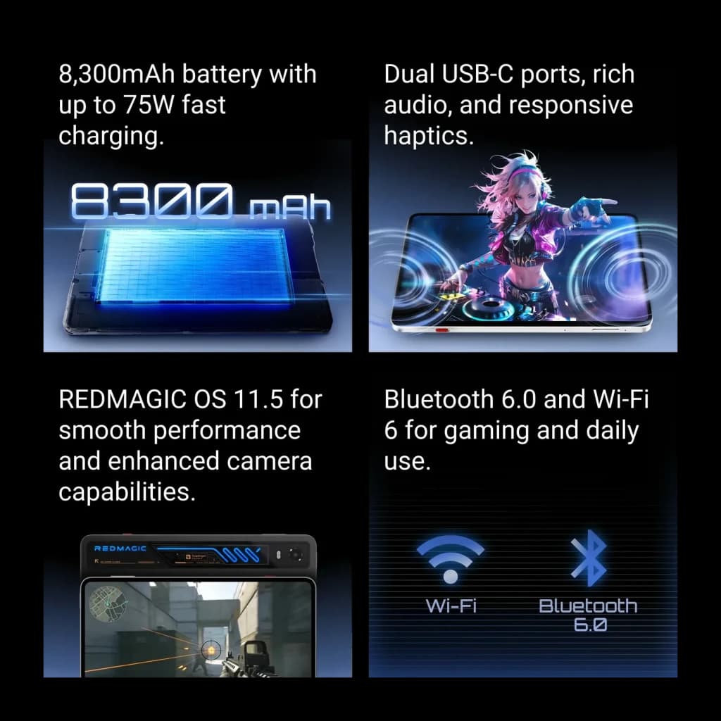 Smartphone gaming Nubia Redmagic Astra 2 Starfrost, écran OLED 9,06 pouces 185 Hz, double USB‑C, Bluetooth 6.0, Wi‑Fi 6, batterie 8300 mAh, audio riche