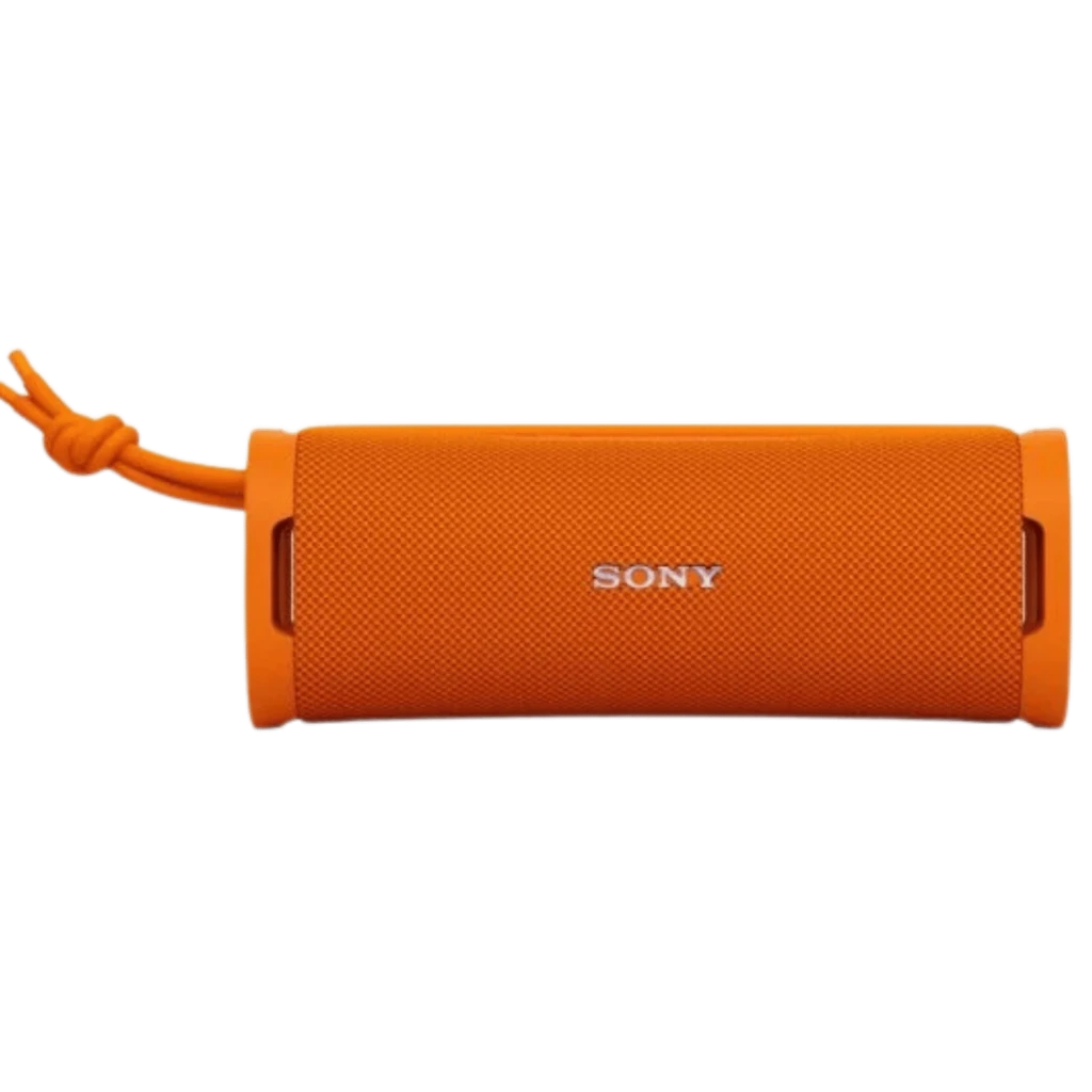 Sony ULT Field 1 Laranja - Coluna Bluetooth cilíndrica compacta, malha frontal com logo Sony, bordas emborrachadas e alça lateral em cordão
