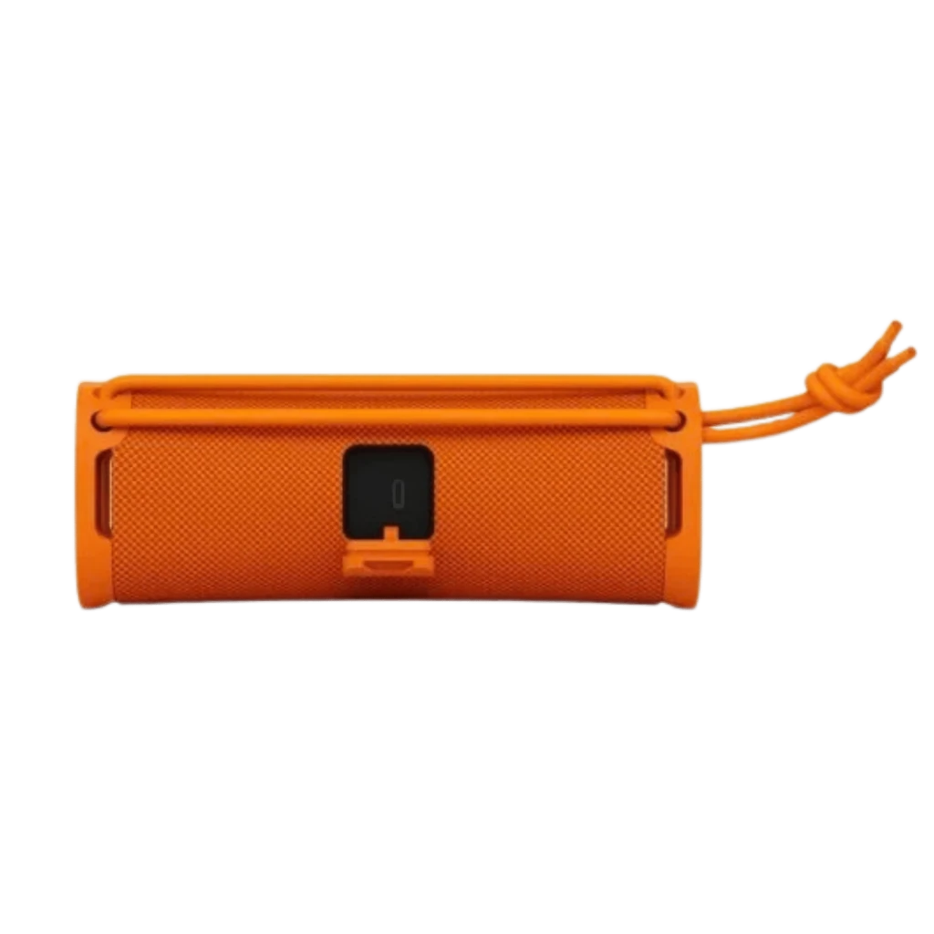 Sony ULT Field 1 Laranja - Coluna Bluetooth cilíndrica compacta, malha têxtil laranja, tampa central com porta protegida e cordão lateral para transporte