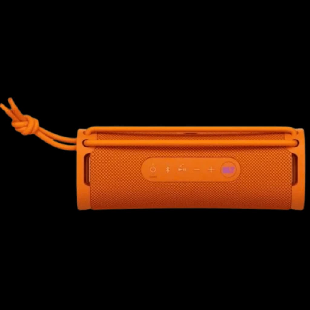 Sony ULT Field 1 Orange Enceinte Bluetooth cylindrique orange, grille maillée, boutons supérieurs rétroéclairés, sangle latérale nouée, design portable