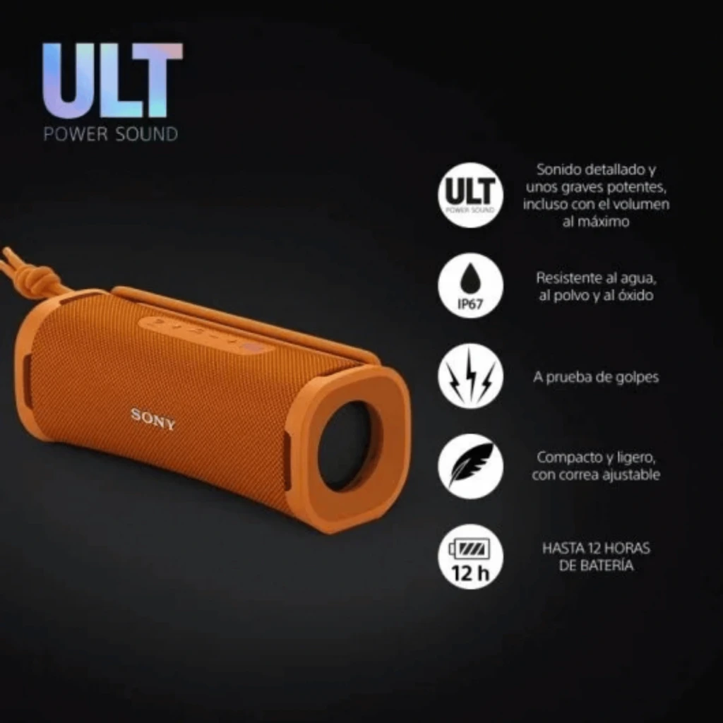 Sony ULT Field 1 Laranja - Coluna Bluetooth portátil em tecido laranja, resistente IP67, radiadores laterais, botões superiores e alça de transporte