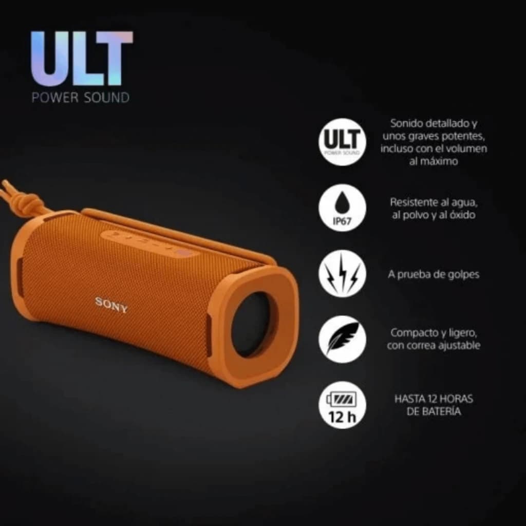 Sony ULT Field 1 Orange – Enceinte Bluetooth compacte IP67, tissu orange, haut‑parleurs latéraux, boutons supérieurs, sangle réglable, jusqu’à 12 h