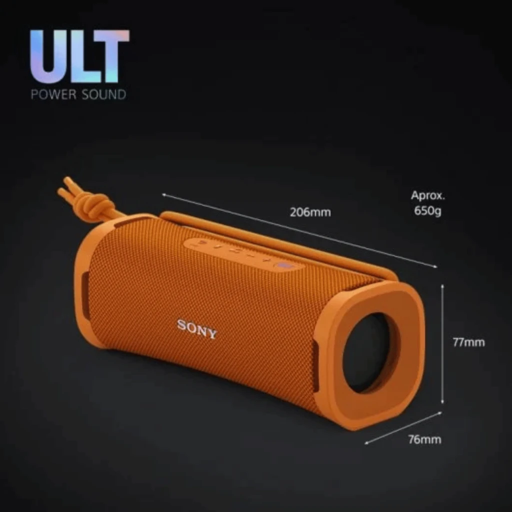 Sony ULT Field 1 Laranja - Coluna Bluetooth portátil laranja com tecido e borracha, radiadores passivos laterais, botões superiores e alça de transporte