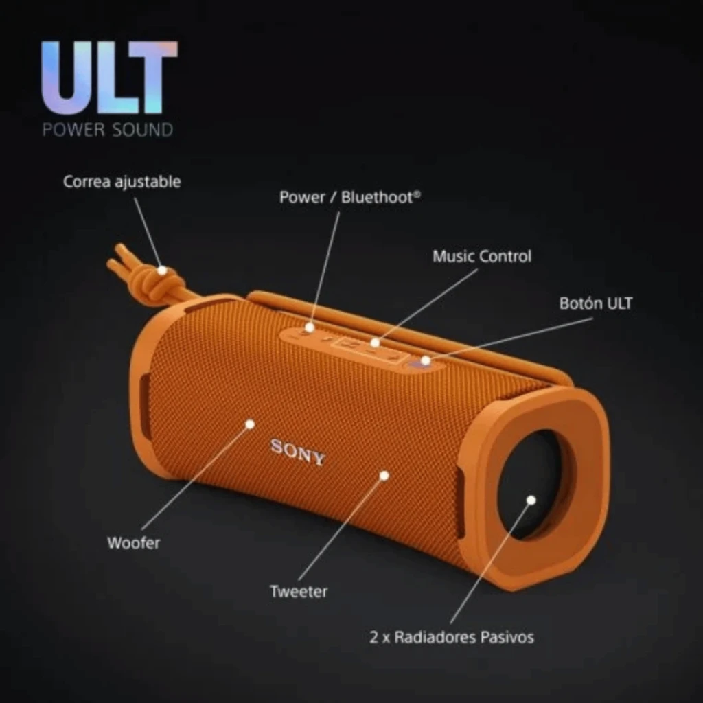 Sony ULT Field 1 Laranja - Coluna Bluetooth portátil com malha têxtil, alça ajustável, botões ULT e música, woofers, tweeter e radiadores passivos duplos